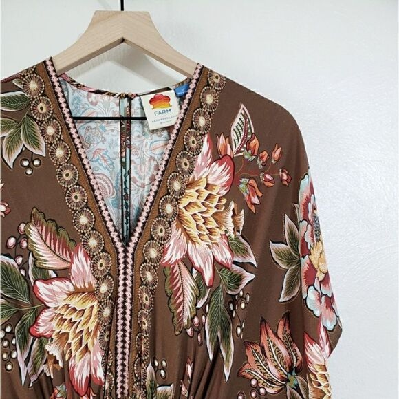 Farm Rio Anthropologie Valentina Dress In Brown Motif Size Extra Small NWT - Picture 13 of 15